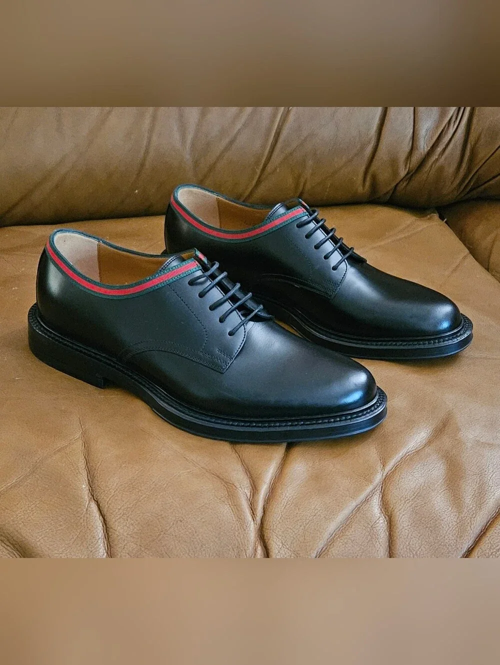 New Men's Gucci Black Leather Bumble Bee Derby Oxford Dress Shoes Size 5